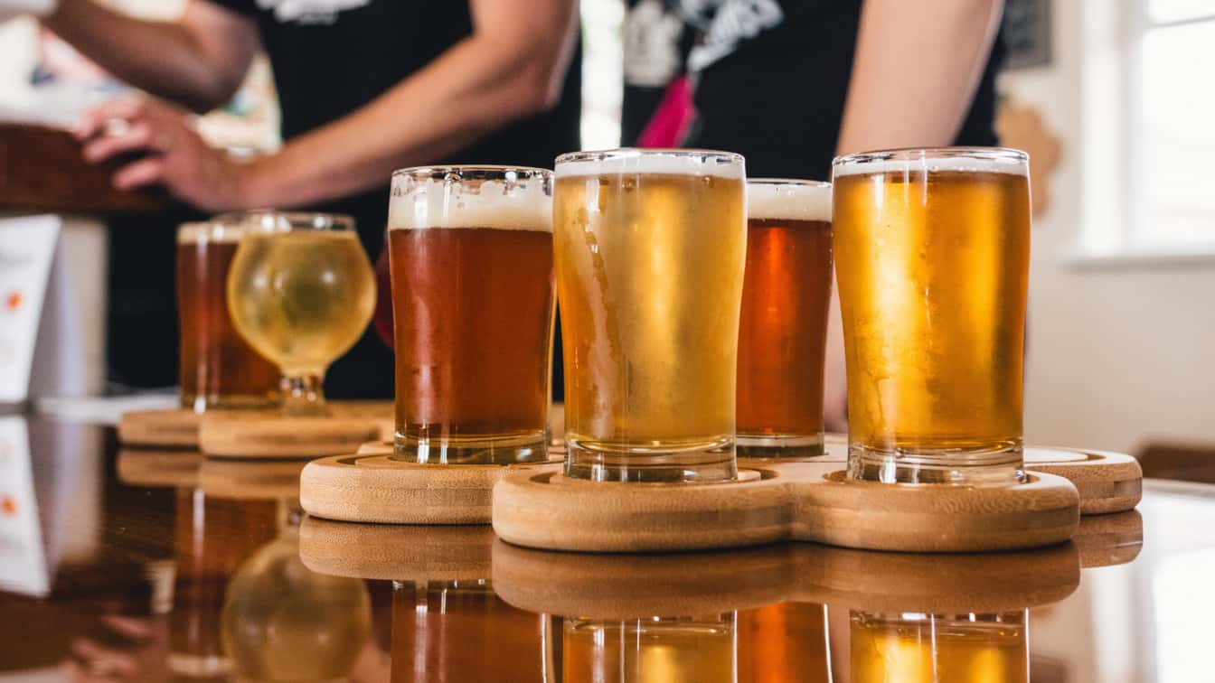 mehrere gefüllte Biergläser stehen auf einem Verkostungstablett