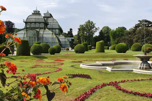 Ein Bild vom Palmenhaus im Tiergarten Schönbrunn, im Vordergrund sieht man Blüten und einen grünen Garten