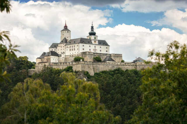 Die Burg Forchtenstein im Burgenland hinter einem Wald
