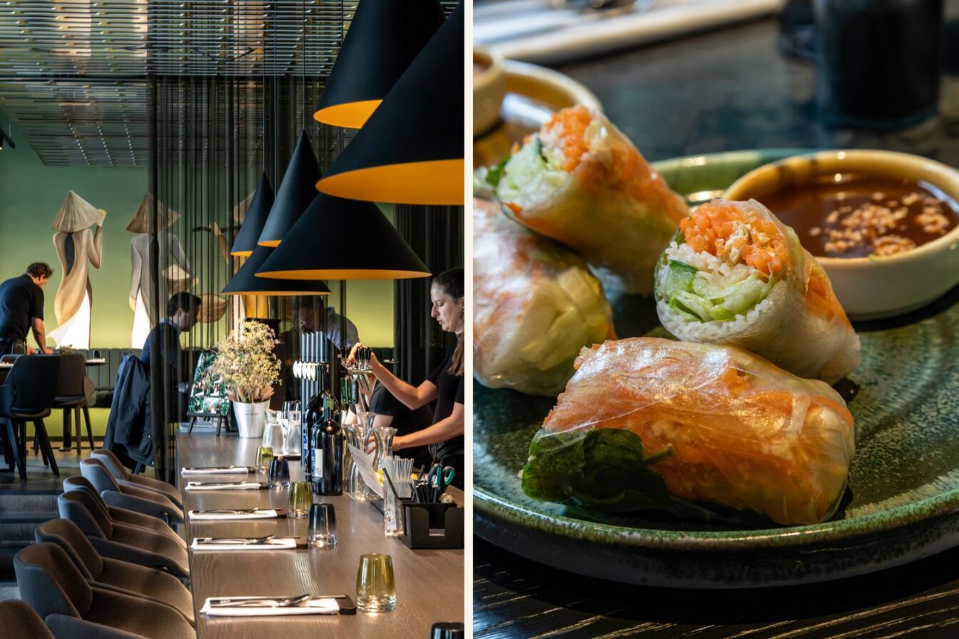 Zweigeteiltes Bild vom Restaurant Vina in Graz. Links: stilvoller Innenraum mit modernem Barbereich, dunklen Sitzmöbeln, Hängelampen in Kegelform und einem Wandgemälde mit Figuren in vietnamesischer Tracht. Rechts: Nahaufnahme von frischen Sommerrollen mit Gemüsefüllung, angerichtet auf einem grünen Keramikteller, daneben eine Schale mit Erdnuss-Dip.