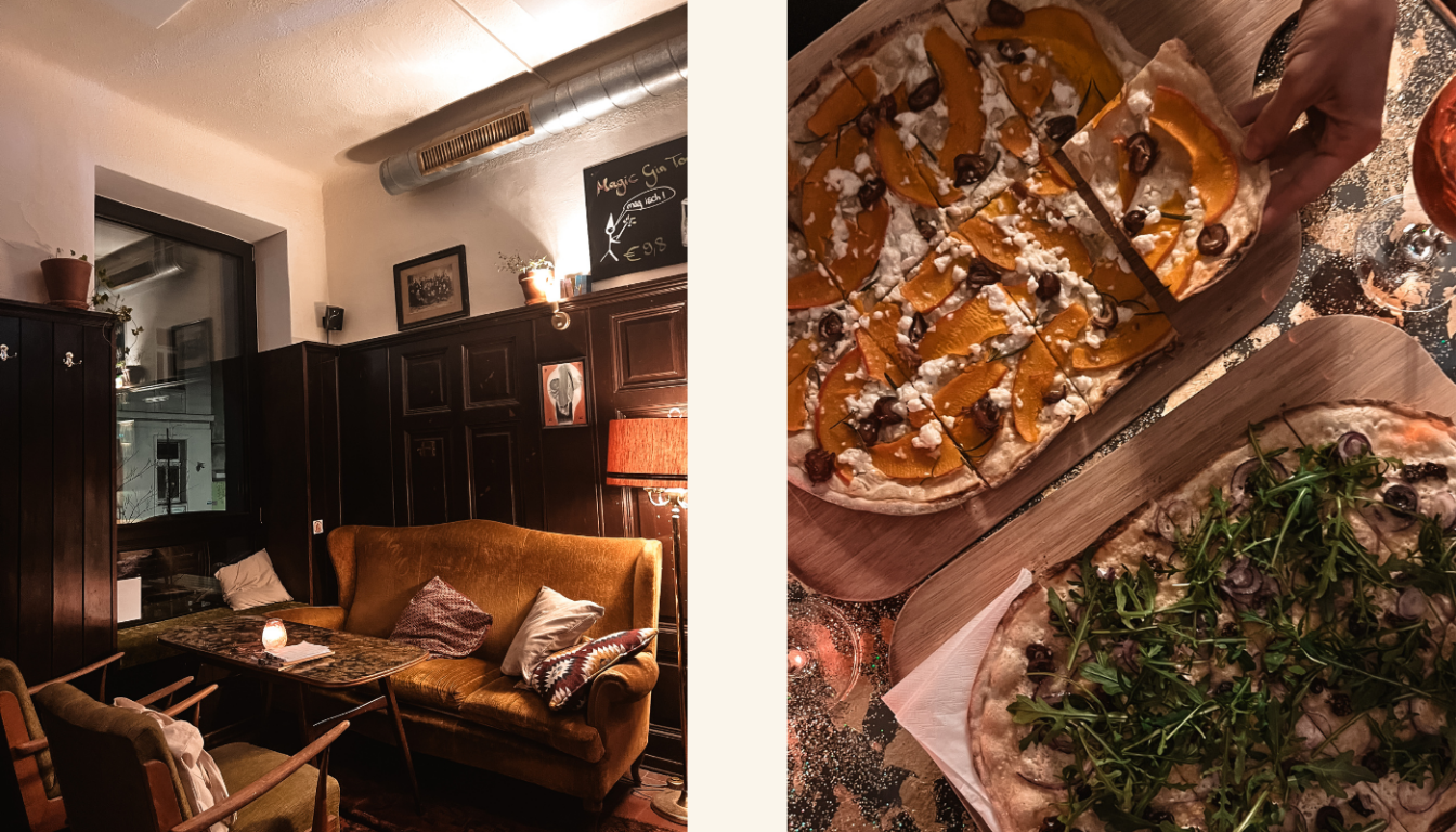 Collage vom Café Trabant in Wien, links ein Bild von einem Sofa und rechts zwei Flammkuchen