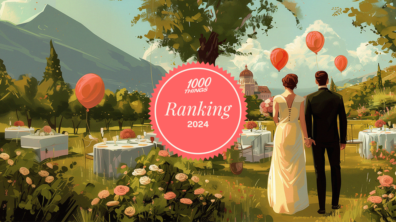 (c) Midjourney | 1000things | Theresa Pöschl Illustration eines Brautpaares in einer österreichischen Landschaft, Ballons