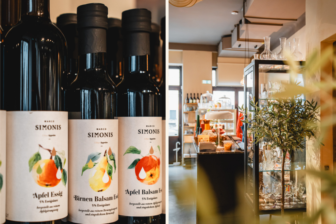 Feinkostprodukte und ein Blick in das Geschäft von Marco Simonis in Wien