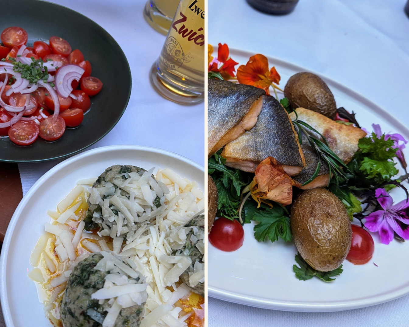 Collage vom gasthaus zur Krems, links Spinatknödel und Paradeisersalat, rechts Saibling auf Salat mit Erdäpfeln