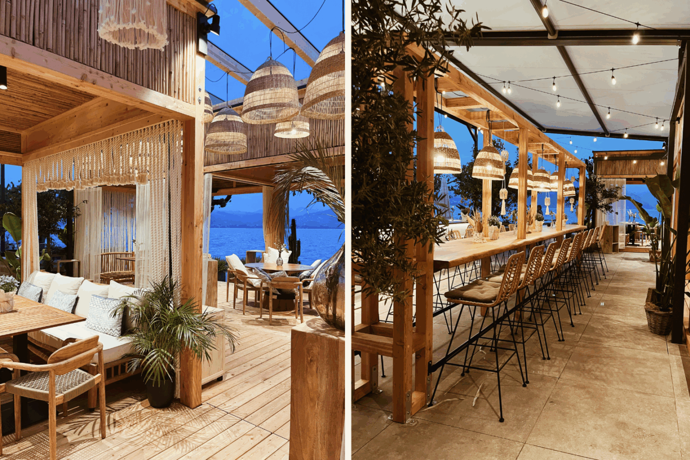 Stilvolles Seerestaurant 'Das Attersee' bei Abendstimmung – moderne Holzarchitektur mit Lounge- und Barbereich, gemütlicher Boho-Chic mit Blick auf den Attersee und stimmungsvoller Beleuchtung.
