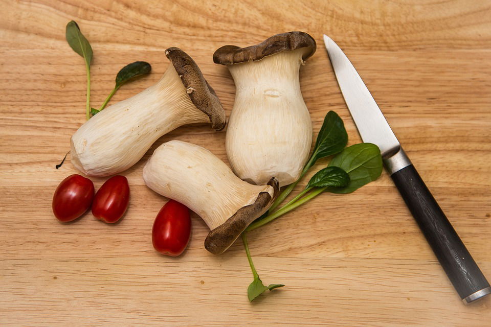 Man sieht drei Kräuterseitlinge mit Tomaten und Blattgemüse