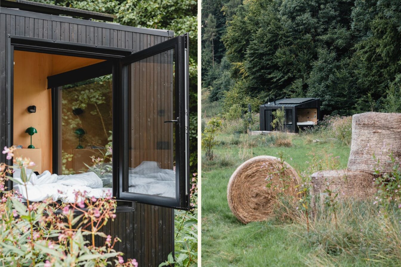 RAUS Tiny House Cabin inmitten der Natur mit Panoramafenstern, nachhaltiges Mikrohaus für naturnahes Wohnen, modernes Design im Grünen.