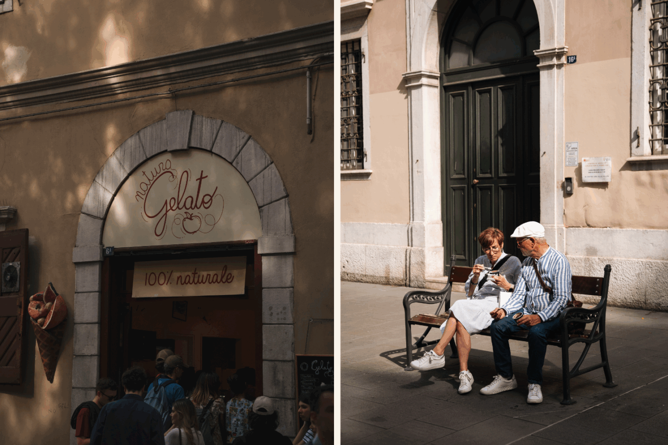 Naturo Gelato Eisdiele mit 100 % natürlichem Eis in Italien – links der Eingang mit nostalgischem Flair und Besucherandrang, rechts ein älteres Paar genießt entspannt ihr Eis auf einer Bank in der Sonne.