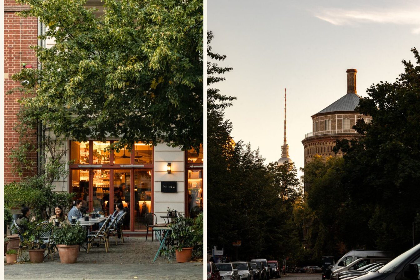 „Zweiteilige Fotocollage aus dem Kollwitzkiez in Berlin: Links eine gemütliche Straßenszene mit einem Café unter dichtem Laub, in dem mehrere Menschen draußen an kleinen Tischen sitzen. Rechts eine Abendaufnahme einer baumbestandenen Straße mit Blick auf den Wasserturm im Kollwitzkiez und die Spitze des Berliner Fernsehturms im Hintergrund.“