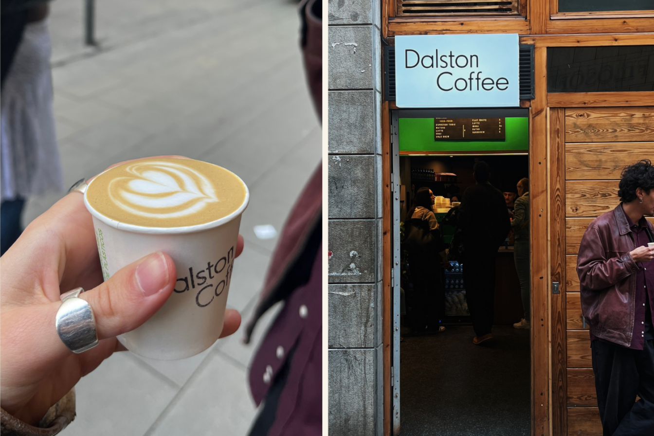Collage mit Hand, die einen Cortado hält und dem Eingang zu Dalston Coffee