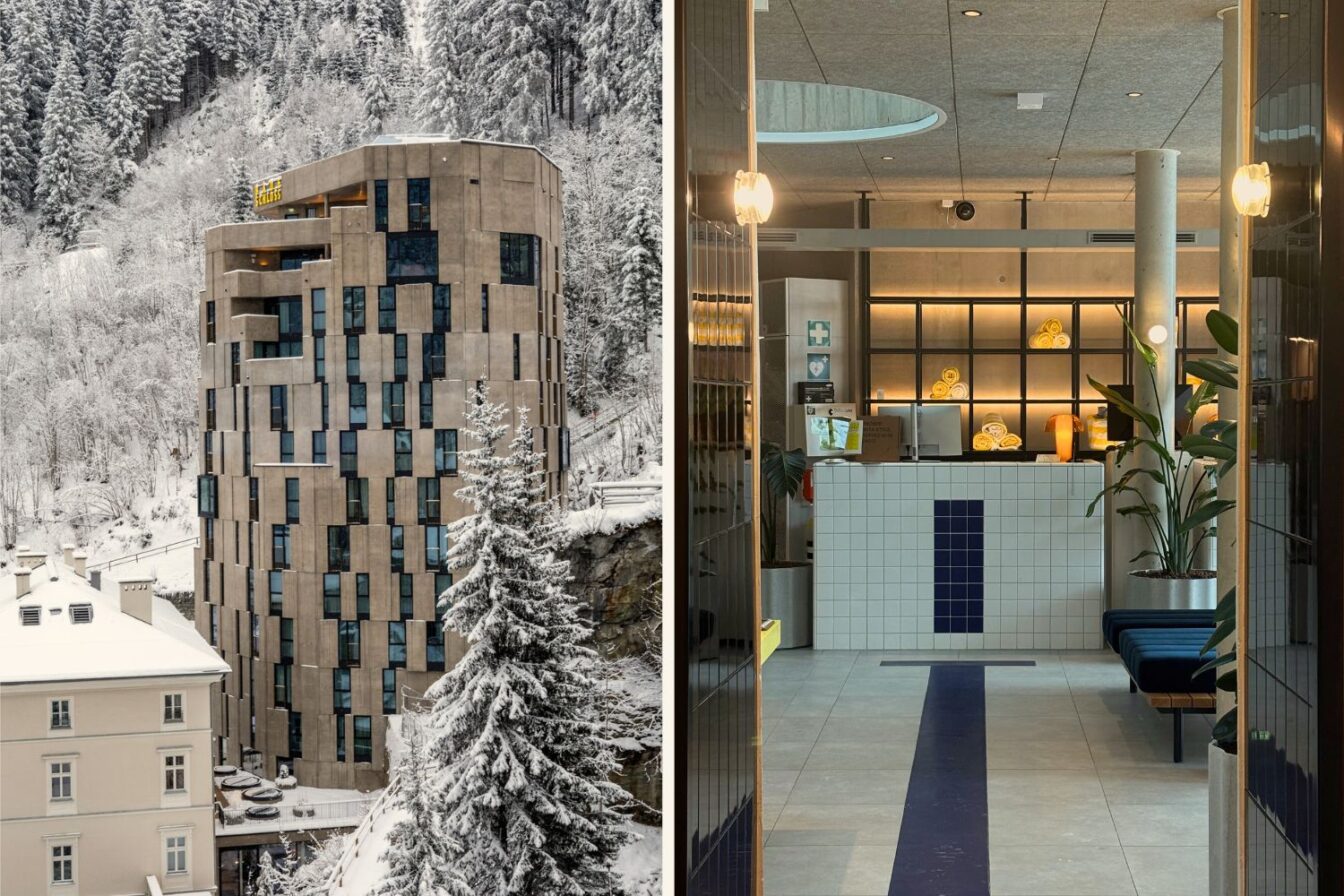 Collage mit zwei Ansichten des Badeschlosses Bad Gastein: Links die moderne, mehrstöckige Hotel-Fassade mit unregelmäßig angeordneten Fenstern in winterlicher Berglandschaft mit verschneiten Bäumen und Dächern. Rechts ein Blick ins stilvolle, minimalistische Innere mit heller, gekachelter Rezeption, Pflanzen und warmem Licht.