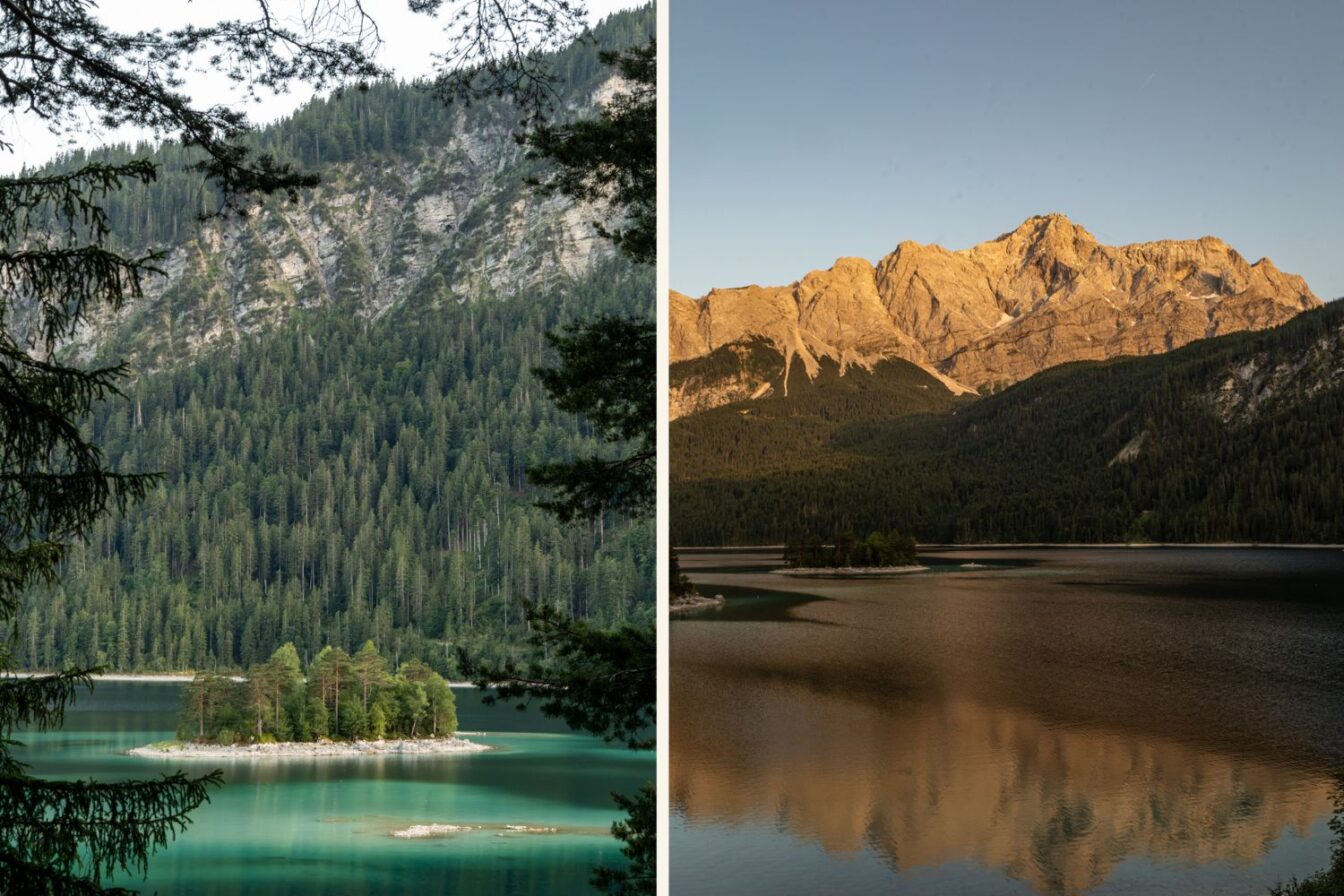Collage vom Eibsee bei Garmisch-Partenkirchen in Bayern: links die grüne Insel im türkisfarbenen Wasser vor dichtem Wald, rechts die Zugspitze bei Sonnenuntergang mit Spiegelung im ruhigen See.