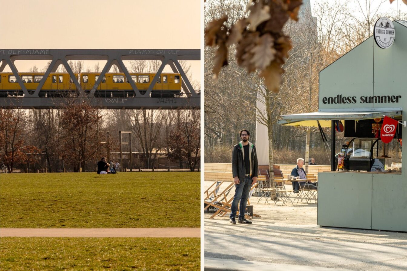 Die linke Bildhälfte zeigt eine Szene aus dem Gleisdreieckspark in Berlin-Kreuzberg, einem beliebten grünen Erholungsraum in der Stadt. Eine leuchtend gelbe U-Bahn fährt auf einer markanten Stahlbrücke mit Graffiti über den Park, während Menschen entspannt auf der Wiese sitzen und das sonnige Wetter genießen. Im Hintergrund sind kahle Bäume zu sehen, was auf eine spätere Winter- oder frühe Frühlingszeit hinweist.

Auf der rechten Bildhälfte ist ein kleiner Kiosk mit der Aufschrift „endless summer“ zu sehen, der Erfrischungen und Snacks anbietet. Ein Mann in dunkler Kleidung mit einer grünen Kapuze steht davor, während im Hintergrund weitere Parkbesucher an Tischen sitzen oder in Liegestühlen entspannen. Die Szene vermittelt eine ruhige, freundliche Atmosphäre, die für den Gleisdreieckspark als urbanen Rückzugsort mit einer entspannten Gemeinschaft charakteristisch ist.