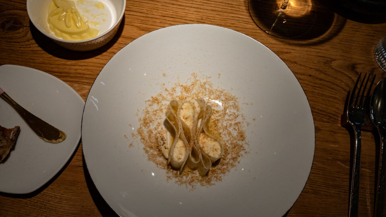 Ein kunstvoll angerichtetes Pastagericht auf einem weißen Teller: Die Pasta ist elegant gefaltet und mit einer cremigen Sauce überzogen, umgeben von feinen, geriebenen Zutaten. Die Szene ist in warmem Licht gehalten, mit einem Glas Wein und weiteren Begleitkomponenten auf einem rustikalen Holztisch.
