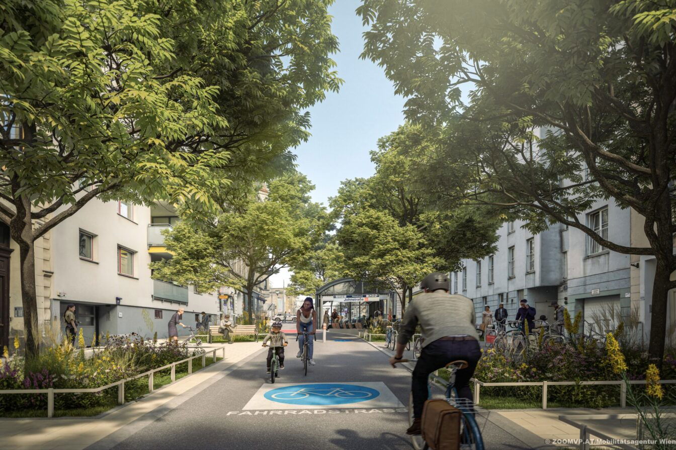 Visualisierung des geplanten neuen Radwegs auf der Meiselstraße in Wien