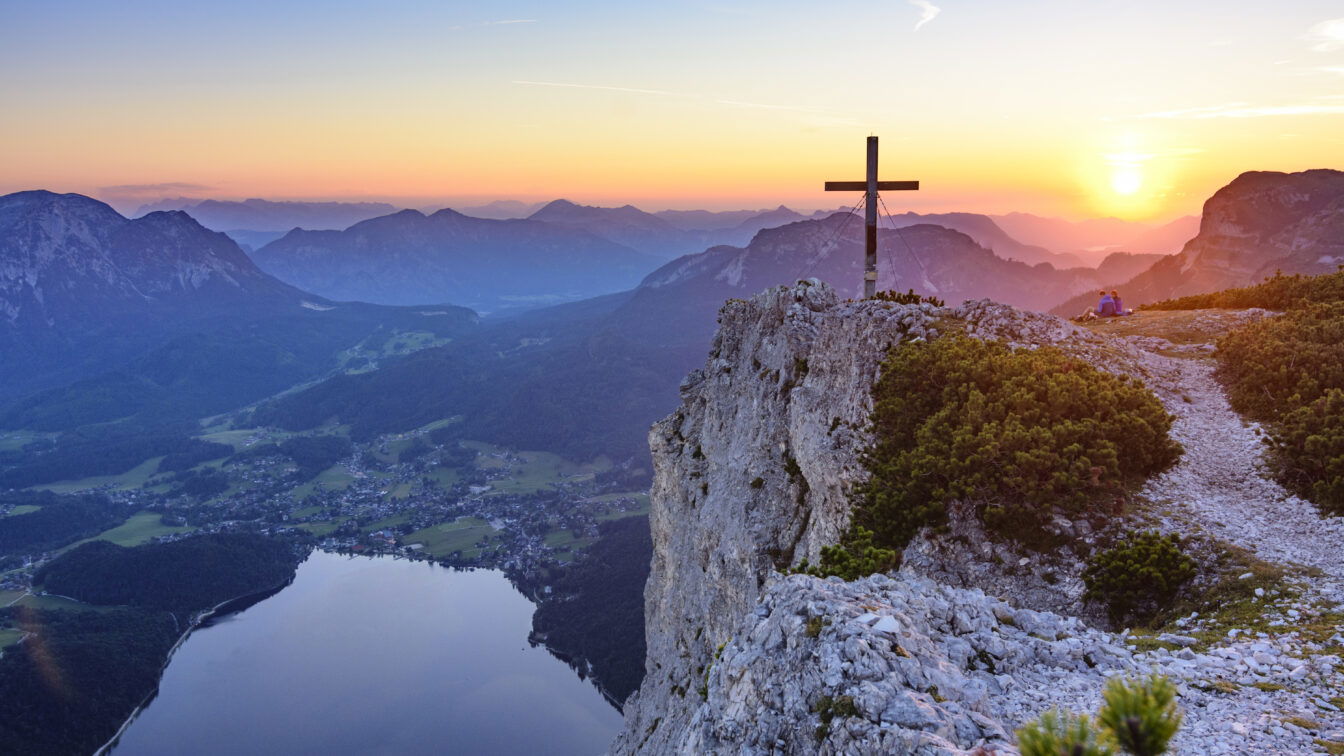 lake Altausseer See, village Altaussee, view from mountain Trisselwand, summit cross