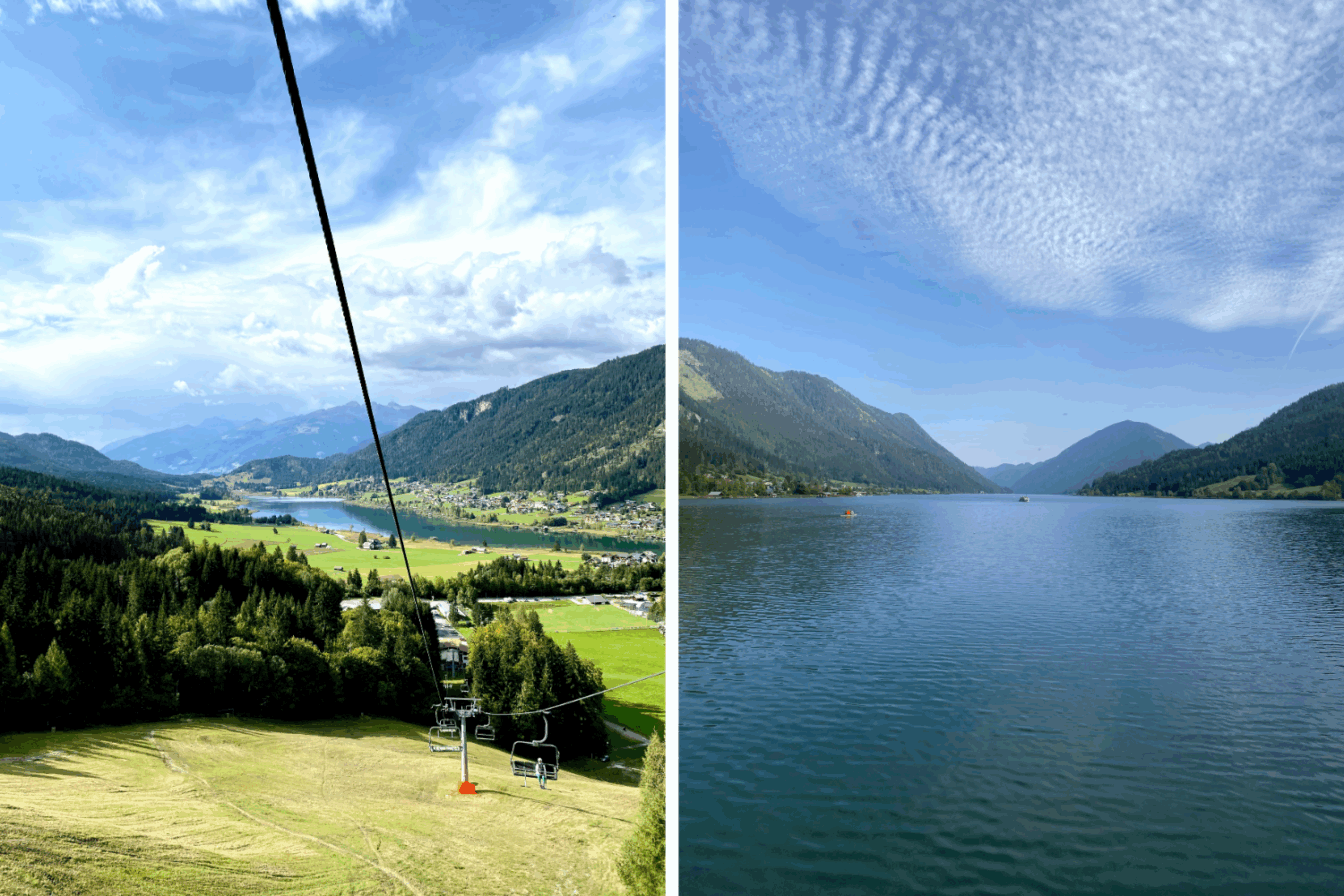 Weißensee in Kärnten einmal von oben und einmal der Blick von der Techendorfer Brücke auf den Weißensee 