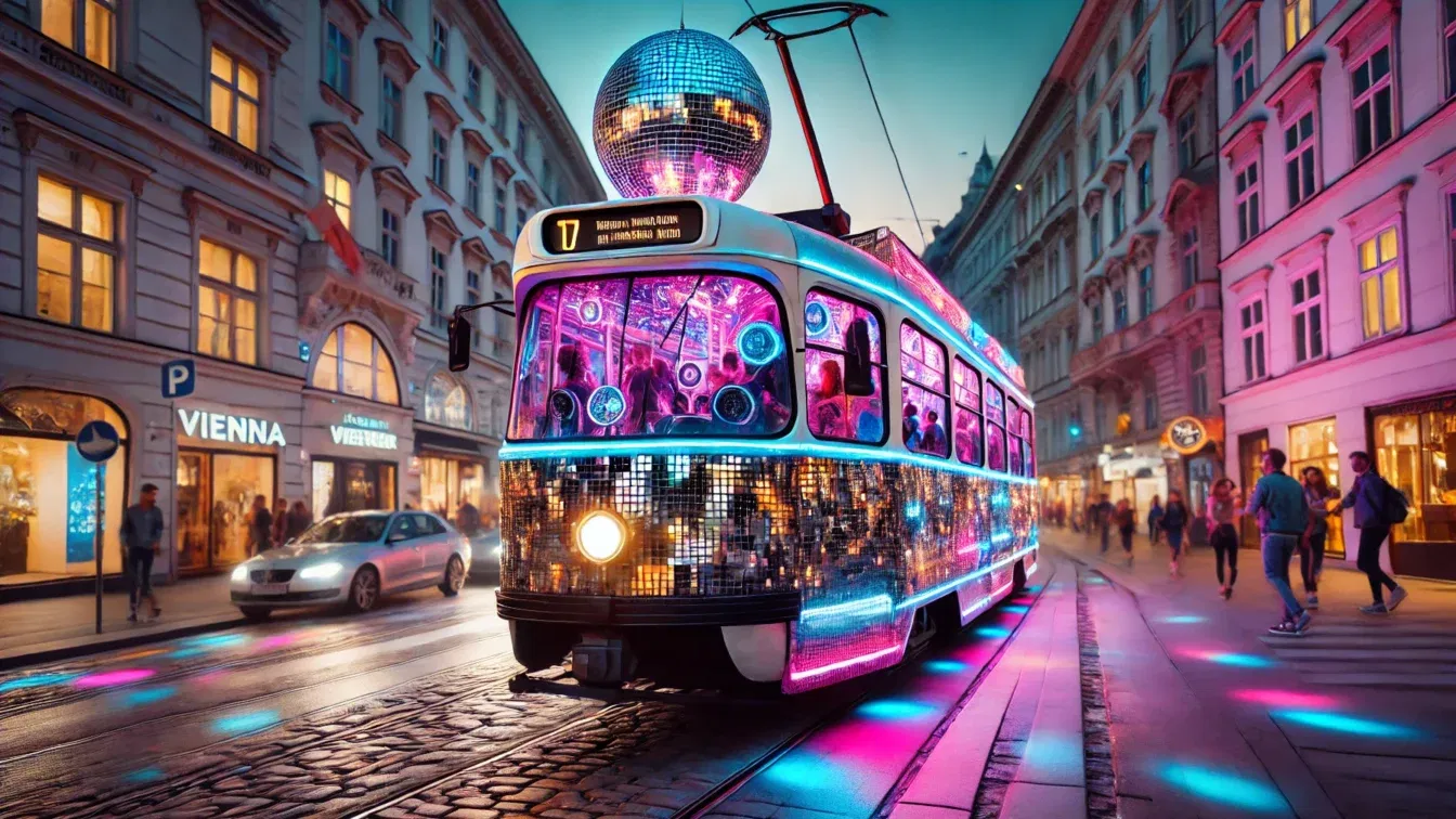 (c) DALL·E eine KI-generierte Straßenbahn in Disko-Optik fährt durch Wien