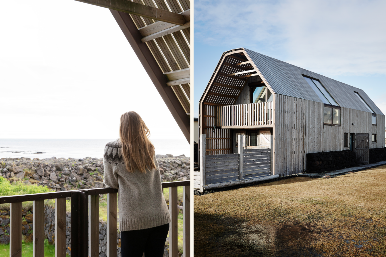 Eine Collage vom Barn House auf Island, die das Haus von außen sowie den Blick vom Balkon zeigt.