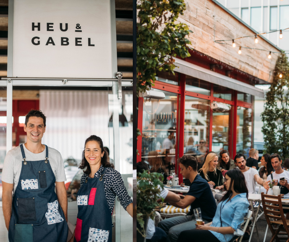 links die Chefitäten und rechts Bilder vom Gastgarten des Marktstands Heu&Gabel in Wien