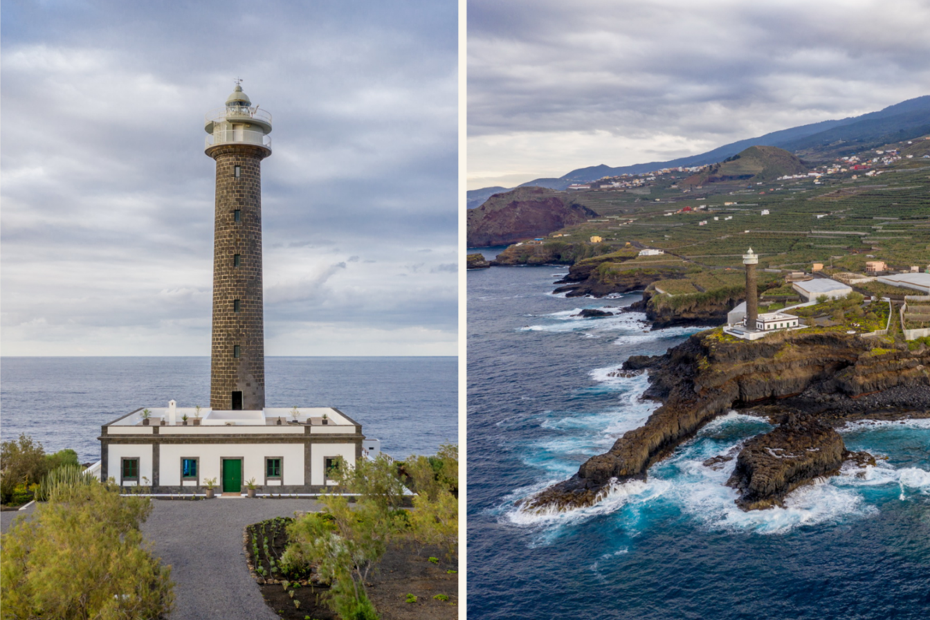 Collage mit Drohnen-Ansichten auf die Küste Palmas und den Faro Punta Cumplida.