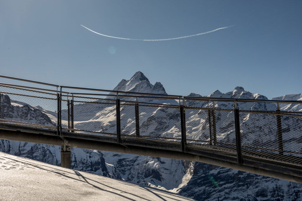 Schneebedeckte Hügellandschaft unter strahlend blauem Himmel – stille, weitläufige Winterkulisse rund um Grindelwald-First.