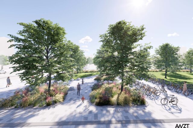 Visualisierung eines begrünten Vorplatzes am Wiener Hauptbahnhof. Der Platz ist mit hellen Pflastersteinen gestaltet, dazwischen befinden sich große Grünflächen mit Bäumen, Gräsern und blühenden Stauden. Menschen gehen spazieren oder nutzen die neuen Sitzgelegenheiten. Rechts im Bild sind zahlreiche Fahrräder an Abstellbügeln geparkt. Die Szene wirkt hell, freundlich und einladend bei sonnigem Wetter.