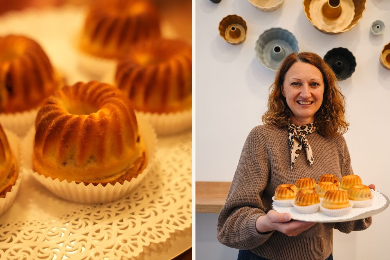 Slowenische Bäckerei in Ljubljana Le Potica mit traditionellem Festtagsgebäck.