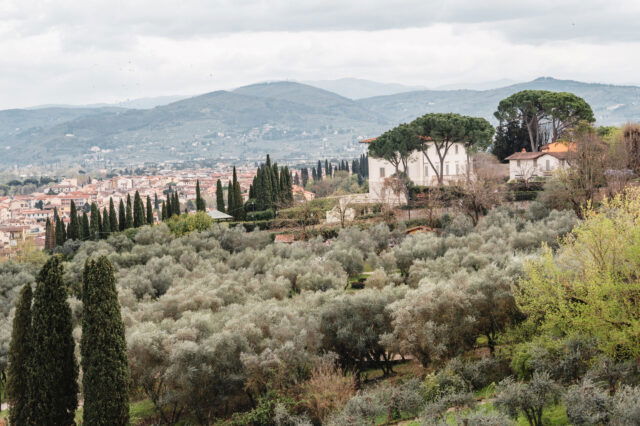 Blick auf einen Garten mit Zypressen und einer Villa am Horizont, Toskana-Vibes in Florenz.