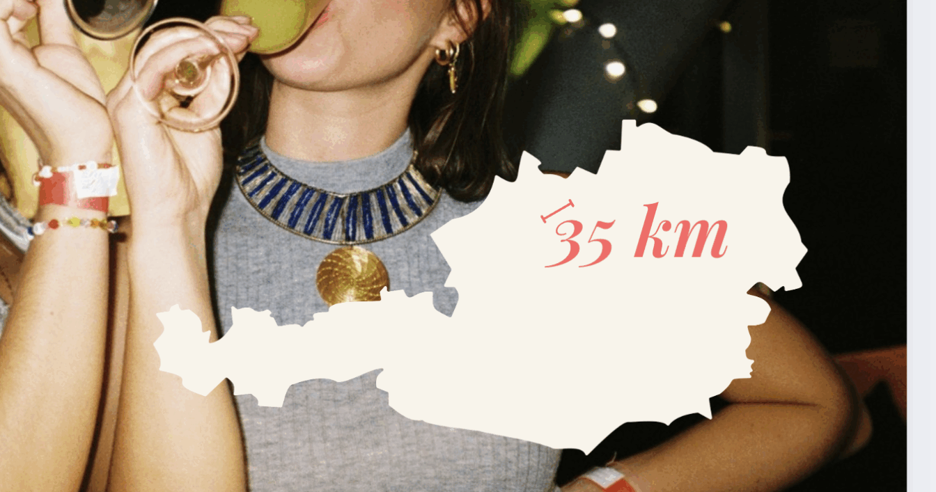 Zwei Personen stoßen mit Cocktails an, im Vordergrund eine grafische Darstellung von Österreich mit dem Text "35 km" in roter Schrift.
