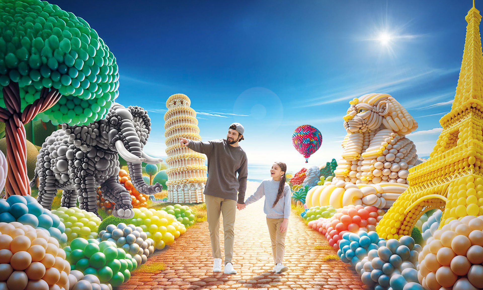 Ein Mann und ein Kind gehen durch die Luftballonwelten vorbei an verschiedensten Skulpturen.