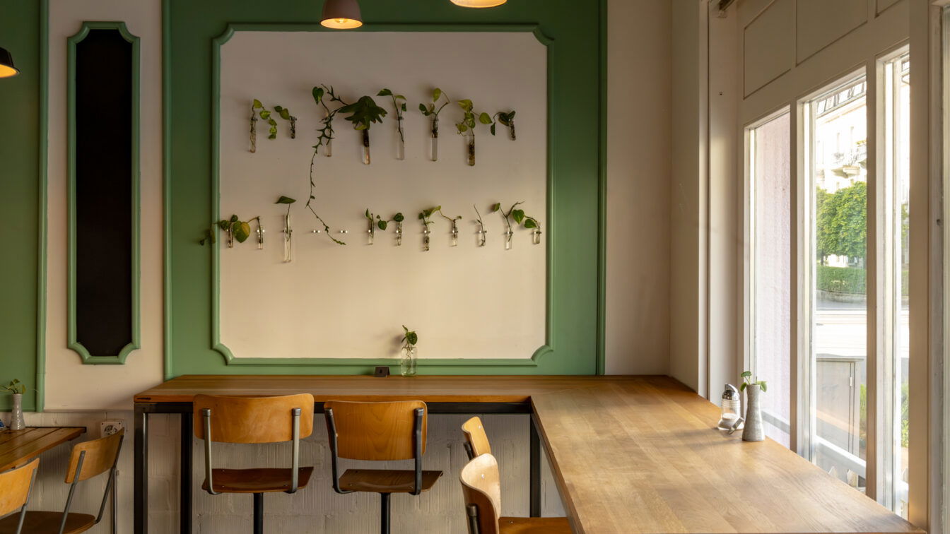 (c) Sonja Koller | 1000things Gemütlicher Innenraum eines modernen Cafés in Bern mit Holz- und Industriemöbeln, minimalistischer Pflanzen-Deko, großer Fensterfront und entspannter Atmosphäre – ideal für Frühstück, Lunch oder Kaffee in einem der stylischen Restaurants und Bars der Stadt.