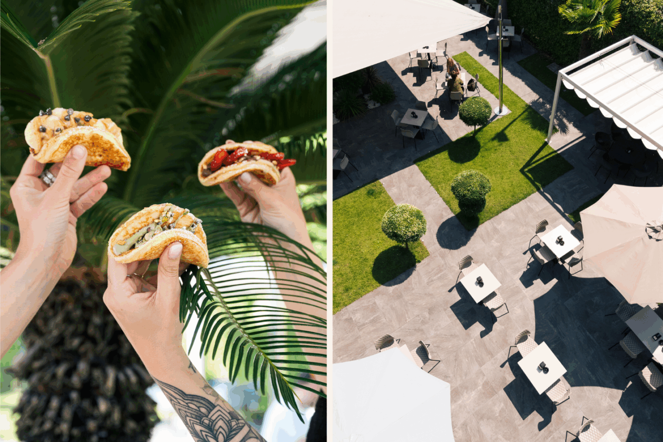 Eine Collage von einem hippen Restaurant in Jesolo mit viel Grün und leckerem Frühstück.