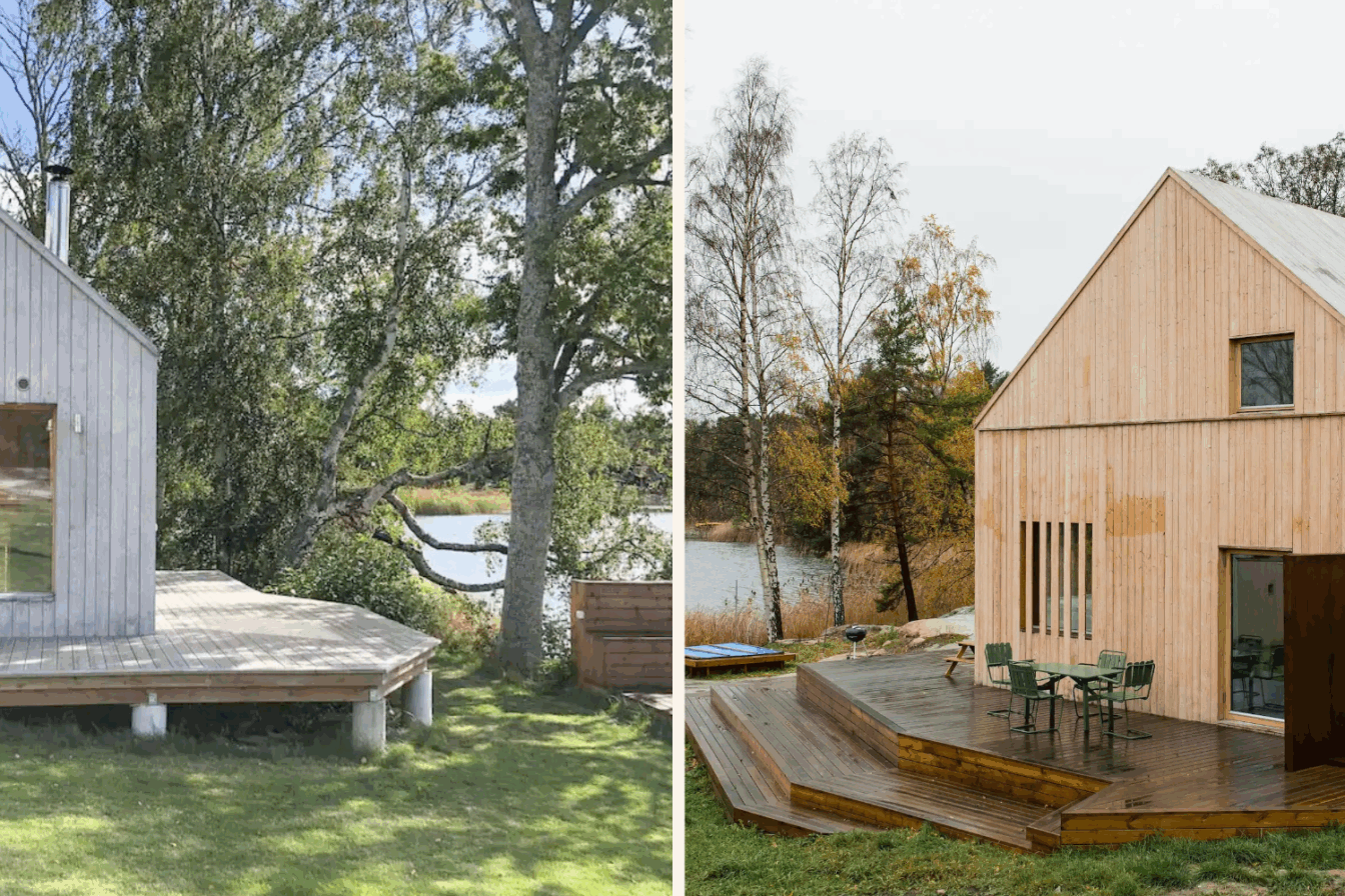 Minimalistische Ferienhäuser aus hellem Holz in Schweden – moderne skandinavische Architektur am Seeufer mit großzügiger Terrasse, eingebettet in idyllische Natur mit Birken und Wasserblick.