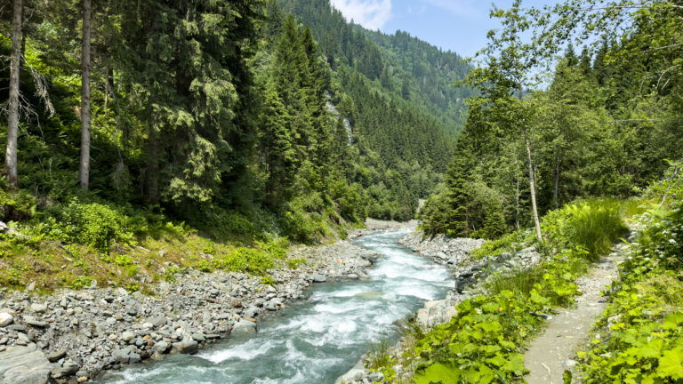 Bach und Wanderweg in den Bergen