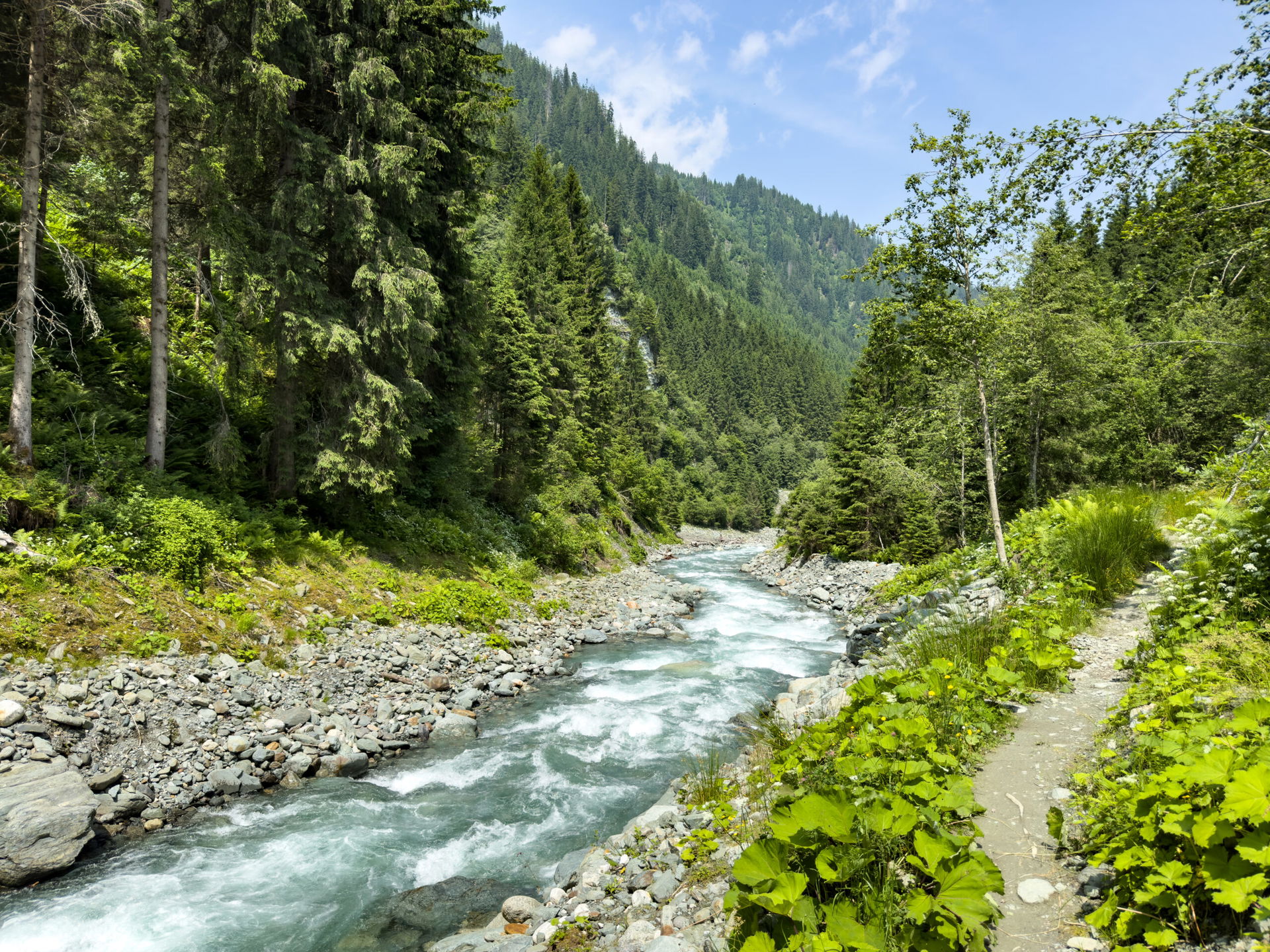 Bach und Wanderweg in den Bergen