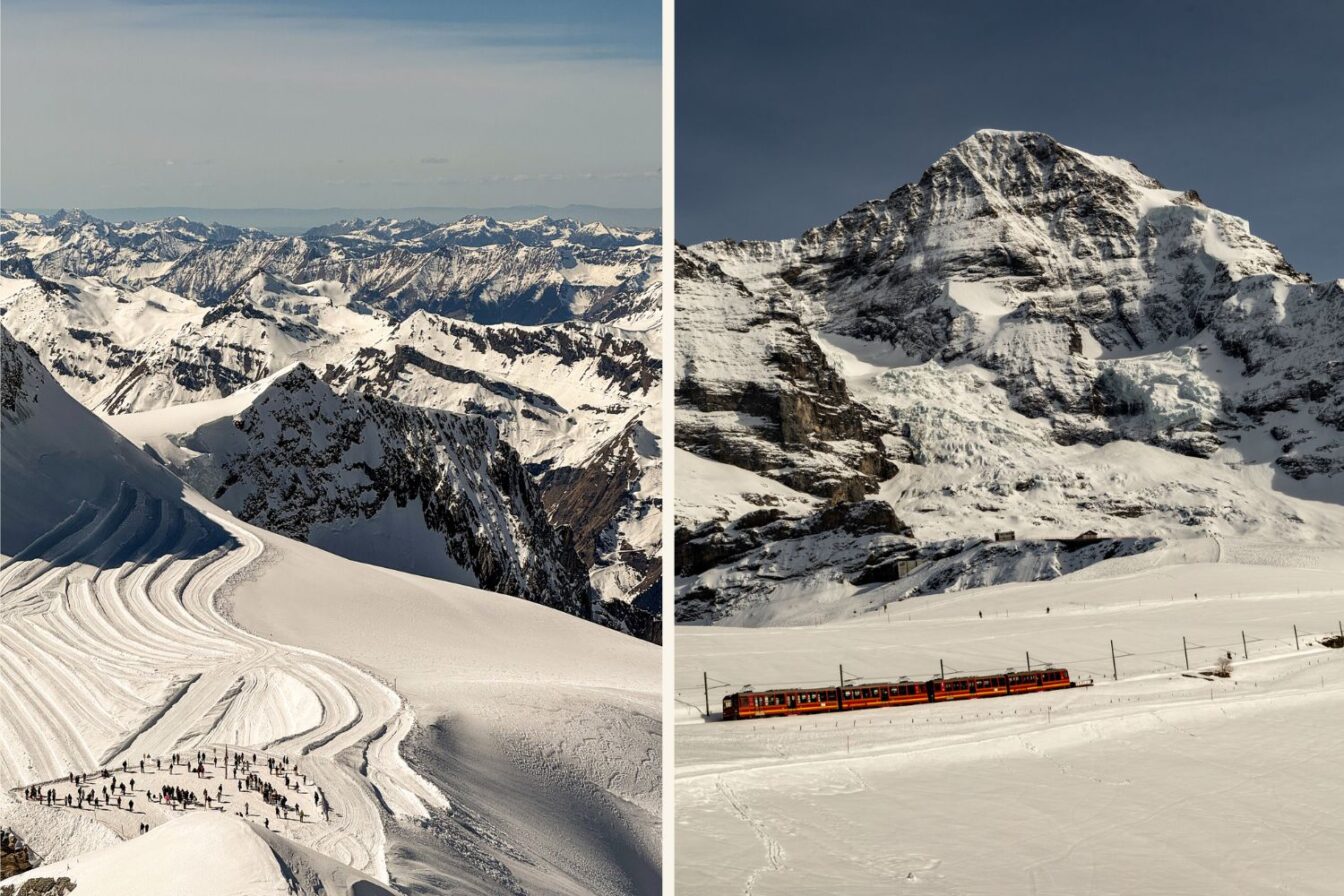Alpenlandschaft am Jungfraujoch mit Blick auf verschneite Berggipfel und Gletscher, links Besucher:innen auf der Schneefläche, rechts die Zahnradbahn vor der mächtigen Nordwand des Eigers in der Schweiz.