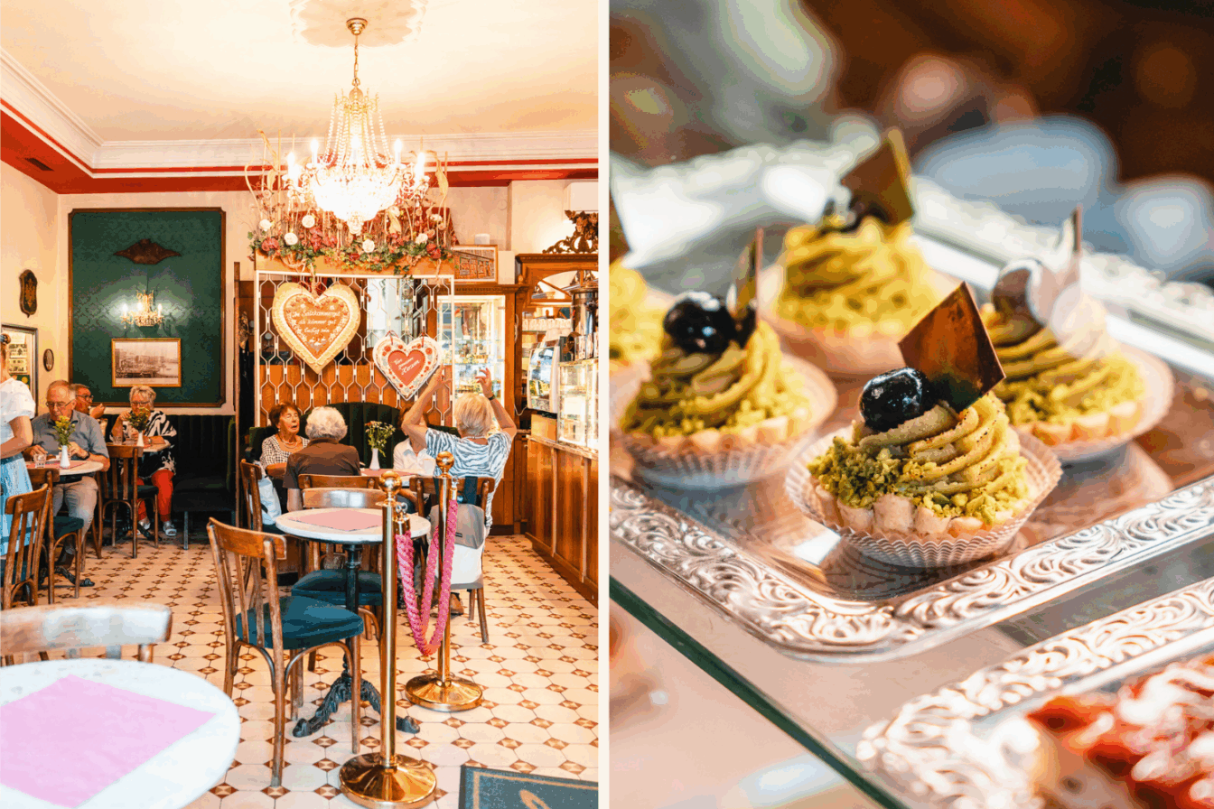 Links der Innenbereich der Konditorei Grellinger in Gmunden zu sehen, gut besucht und gemütlich. Rechts ein Blick in die Kuchen-Vitrine mit grünen Cremetörtchen.