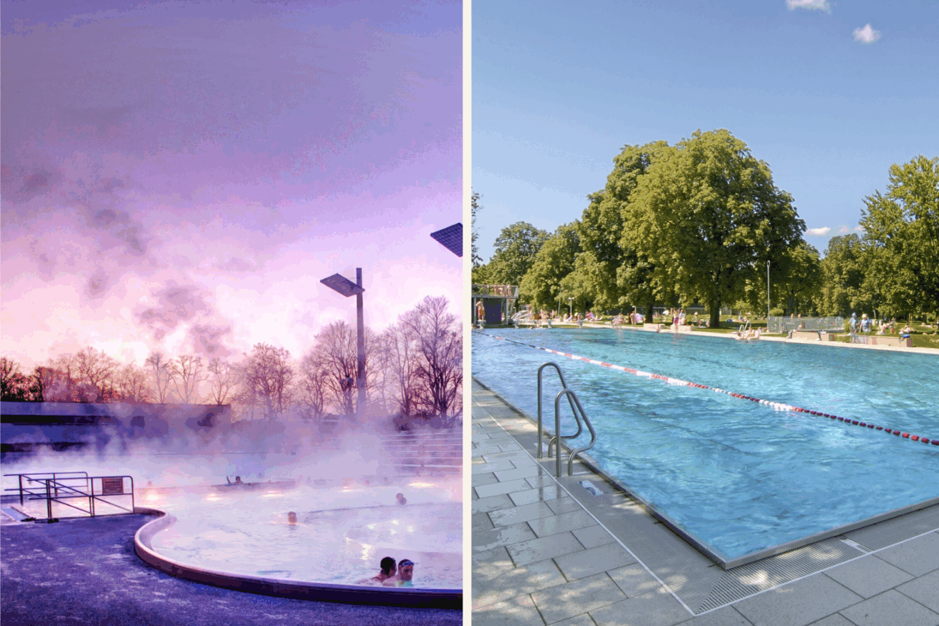 Eine Fotocollage die ein Freibad in München im Winter und im Sommer zeigt.