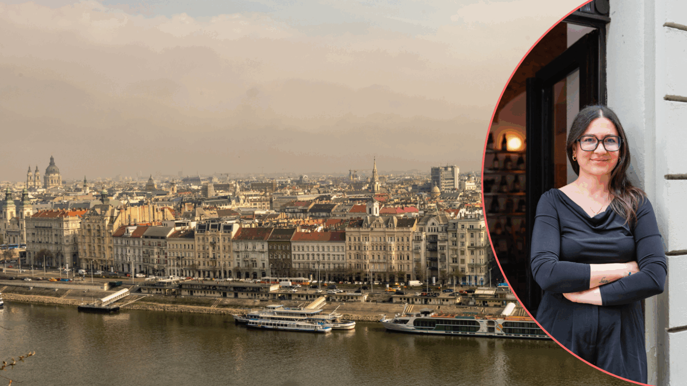 Blick über Budapest mit dem Portrait einer jungen Frau mit Brille.