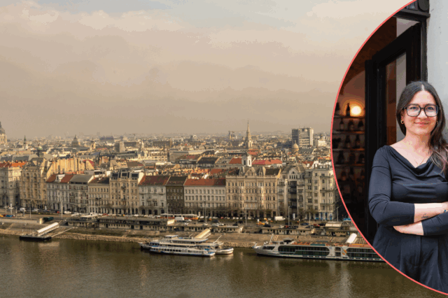 Blick über Budapest mit dem Portrait einer jungen Frau mit Brille.