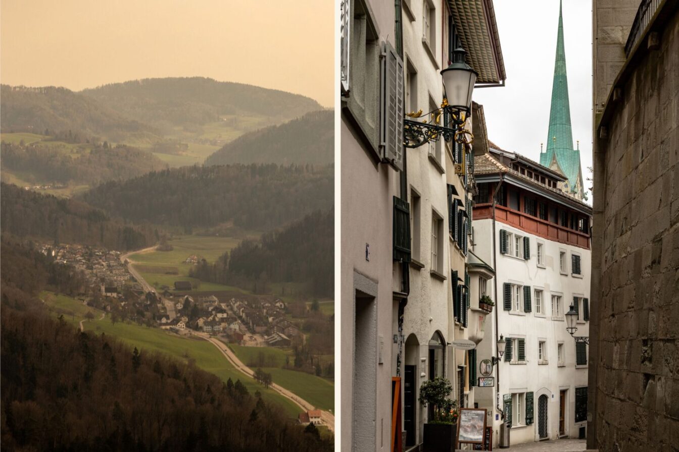 Blick vom Uetliberg auf das grüne Umland und kleine Dörfer bei Zürich, kombiniert mit einem Spaziergang durch die historische Altstadt Zürichs mit engen Gassen und Blick auf die Spitze der Fraumünsterkirche