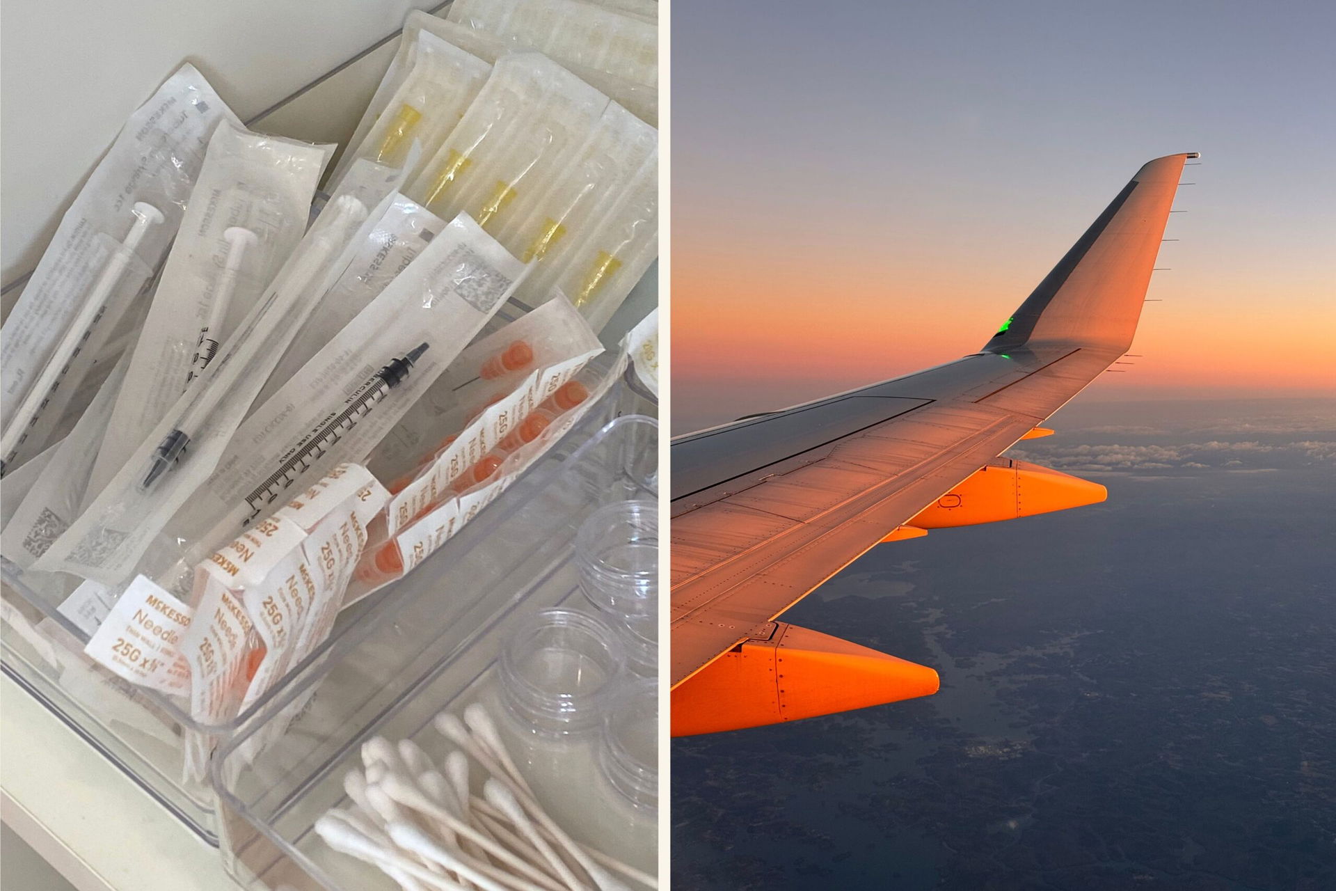 verpackte Spritzen für eine Impfung und der Blick aus einem Flugzeug mit Sonnenaufgang