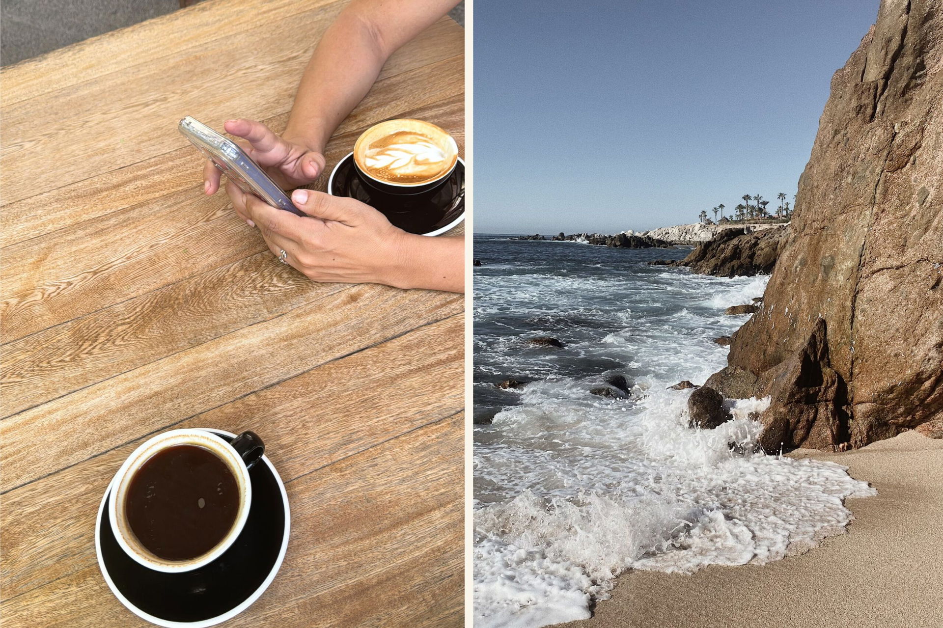 Person tippt am Handy, rechts davon Strand