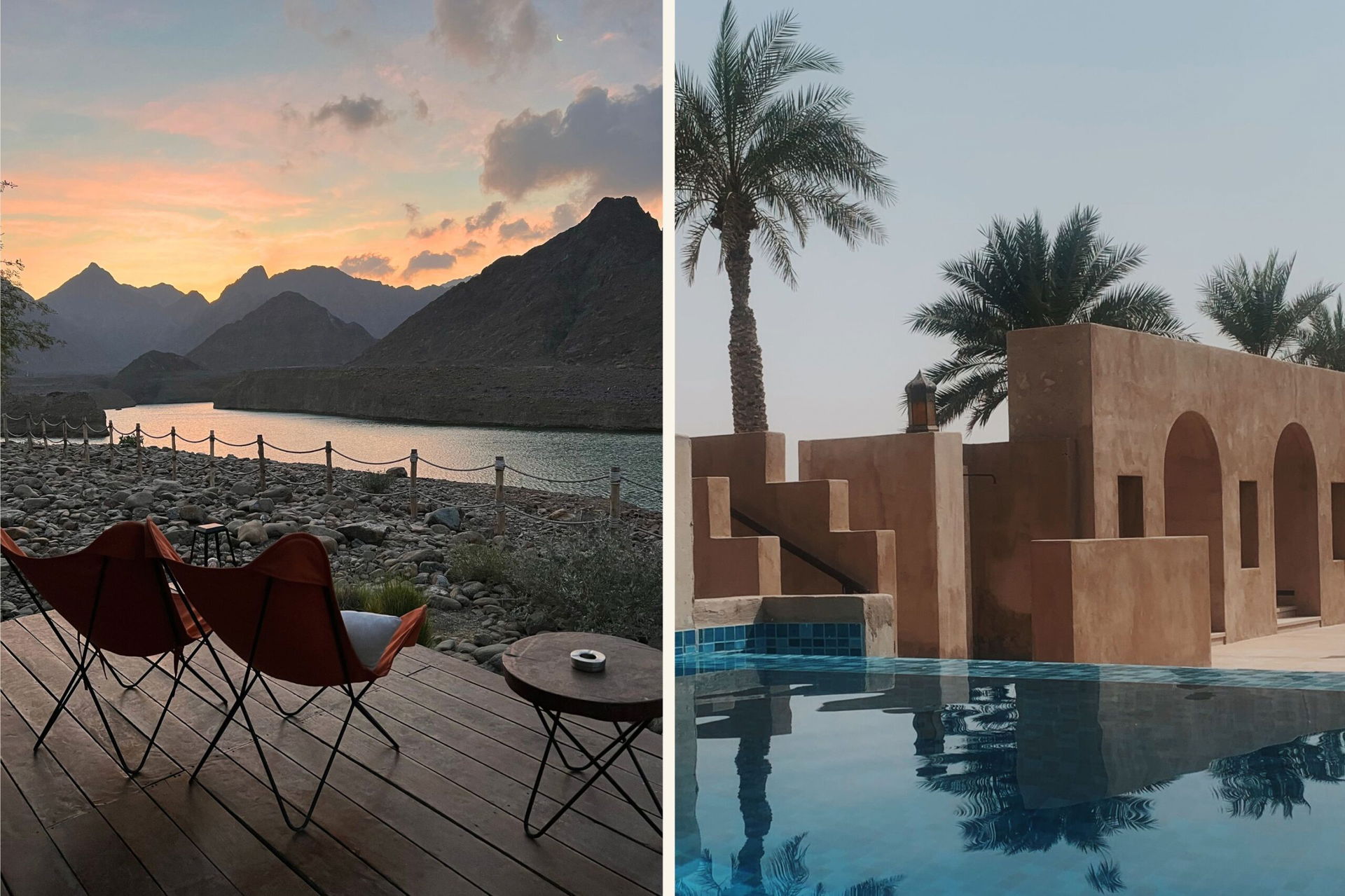 Campingstühle in den Hatta Mountains und Gebäude in Dubai