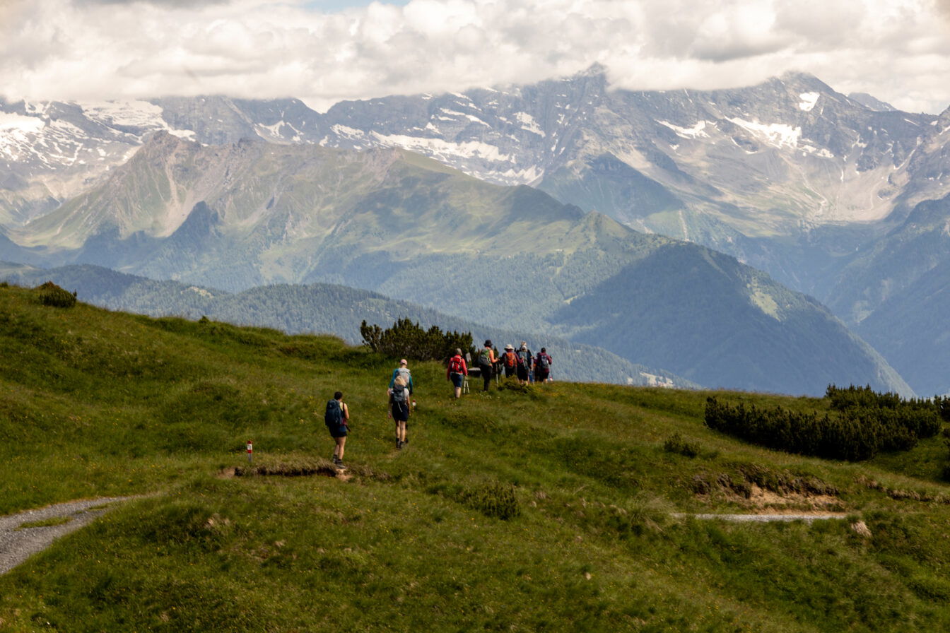 Gruppe von Wandernden mit Rucksäcken geht über grüne Almwiesen mit Blick auf beeindruckende Bergkulisse und schneebedeckte Gipfel unter bewölktem Himmel, entspannte Outdoor-Stimmung und Naturgenuss.