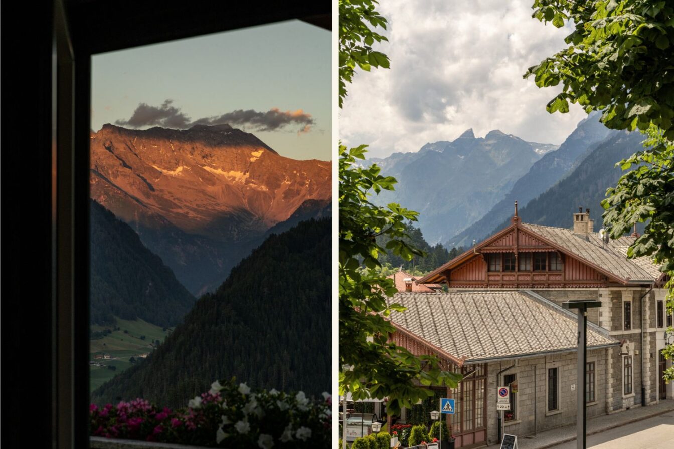 Zweigeteiltes Bild: Links Blick aus einem Fenster auf einen in der Abendsonne leuchtenden Berggipfel mit Schneefeldern, darunter ein grünes Tal; rechts ein Tiroler Bergdorf mit traditionellen Häusern vor einem Panorama aus bewaldeten Bergen und Wolken.