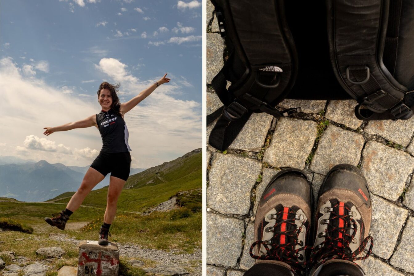 Bild 3 (links):
Eine Person in kurzer Wanderkleidung balanciert lachend auf einem Grenzstein in den Bergen, die Arme weit ausgestreckt.
Bild 3 (rechts):
Blick auf Wanderstiefel und einen schwarzen Rucksack auf grauen Pflastersteinen.