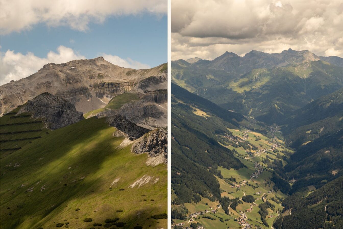 Bild links:
Alt-Text: Felsige Berge mit grünen Wiesen und kleinen Schneefeldern unter einem blauen Himmel mit Wolken, Licht und Schatten liegen über der Landschaft.
Bild rechts:
Alt-Text: Blick von oben in ein grünes Tal mit verstreuten Dörfern, Wäldern und umgebenden Bergen unter einem wolkigen Himmel.