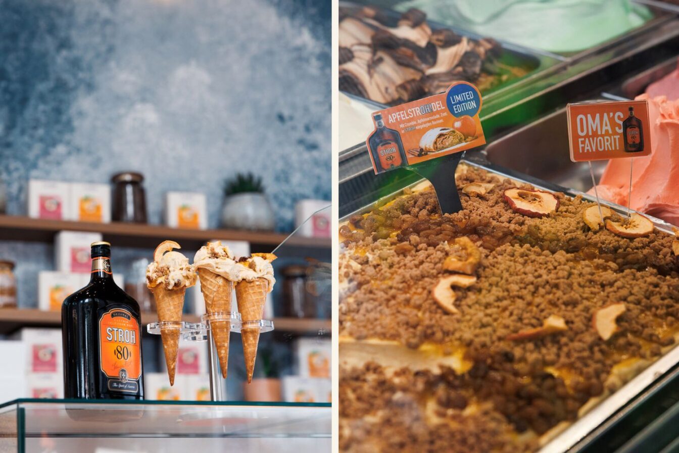 Eine Flasche Schnaps mit Eis auf einem Tresen und Eis in einer Vitrine.